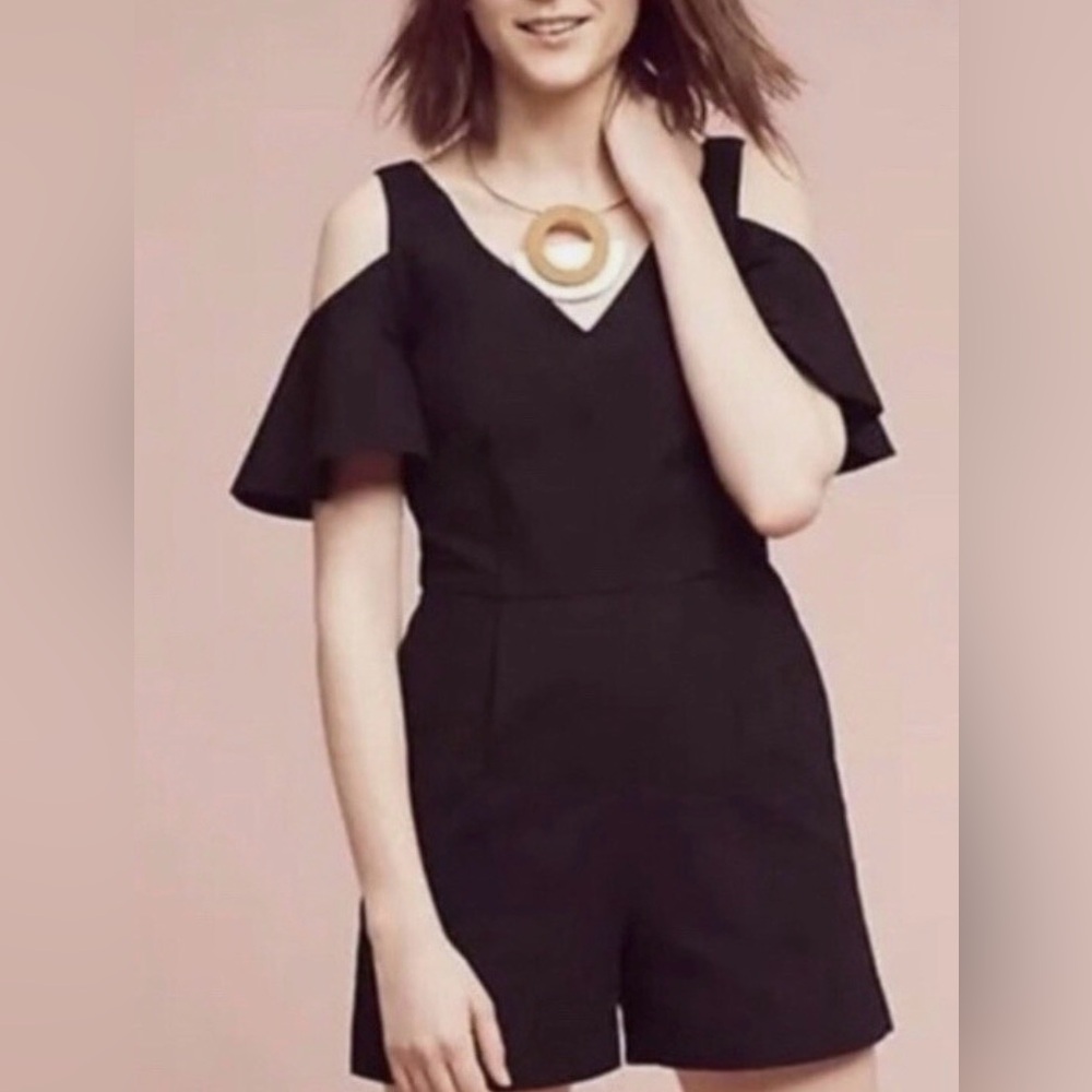 Anthropologie Elevenses Black Cold Shoulder Cotton Romper Size 2